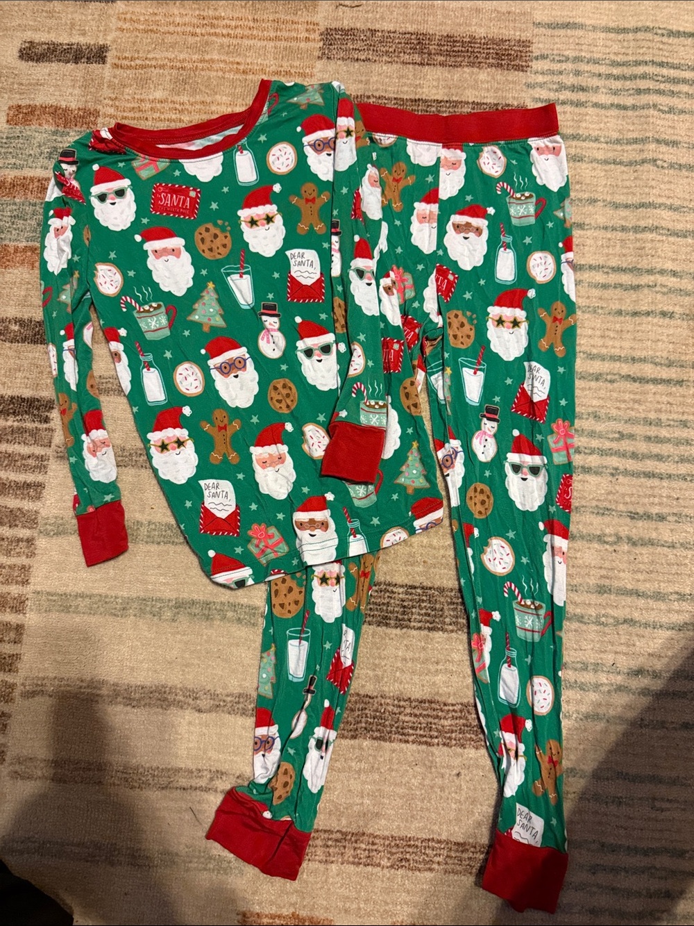Little Sleepies Bamboo Green and Red Santa Cookie Print Kids Pajama Set size 7/8